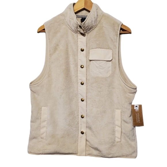 Volcom Fleece Vest Womens Size XS Beige Mock Neck Snap Button Outdoor Hiking - Picture 13 of 13
